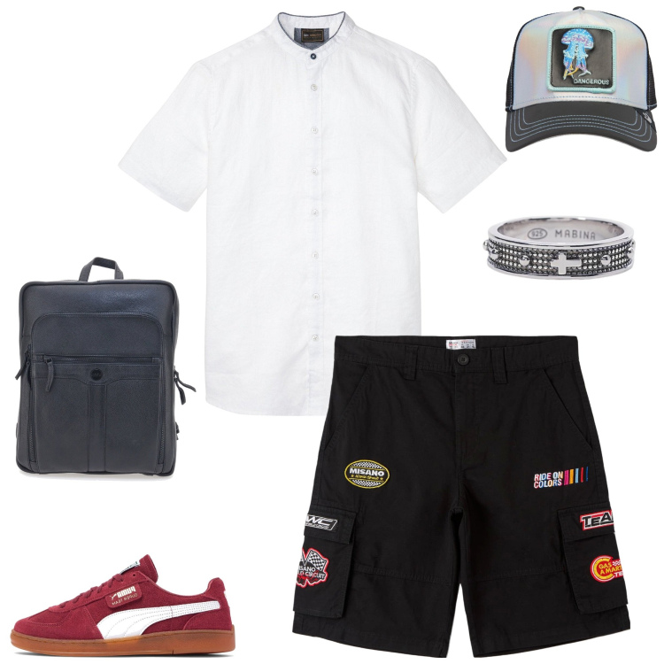 Outfit uomo - viaggiare. Stile Trendy Abbinamento con camicie a manica corta, bermuda, anelli, borse sportive, cappelli, sneakers.