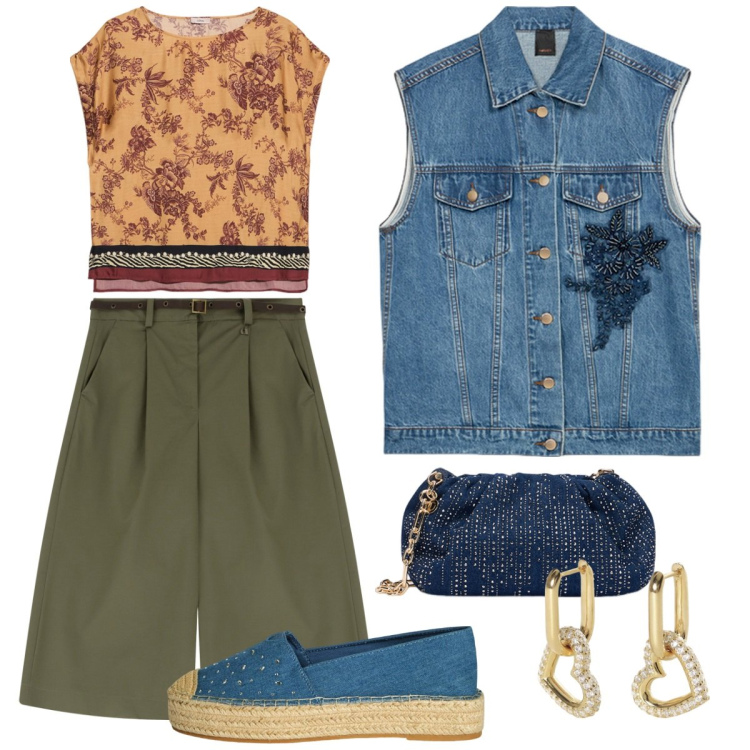 Outfit donna - DENIM e fiori di maggio. Stile Trendy per Tutti i giorni. Abbinamento con espadrillas, orecchini, pantaloni, clutch, gilet, bluse.