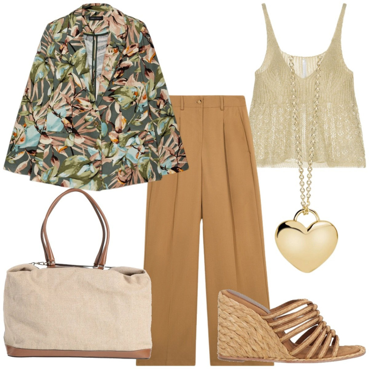 Outfit donna - Wilde oltre Natural. Stile Casual chic per Tutti i giorni. Abbinamento con espadrillas, borse a mano, collane, top, blazer, pantaloni a palazzo.