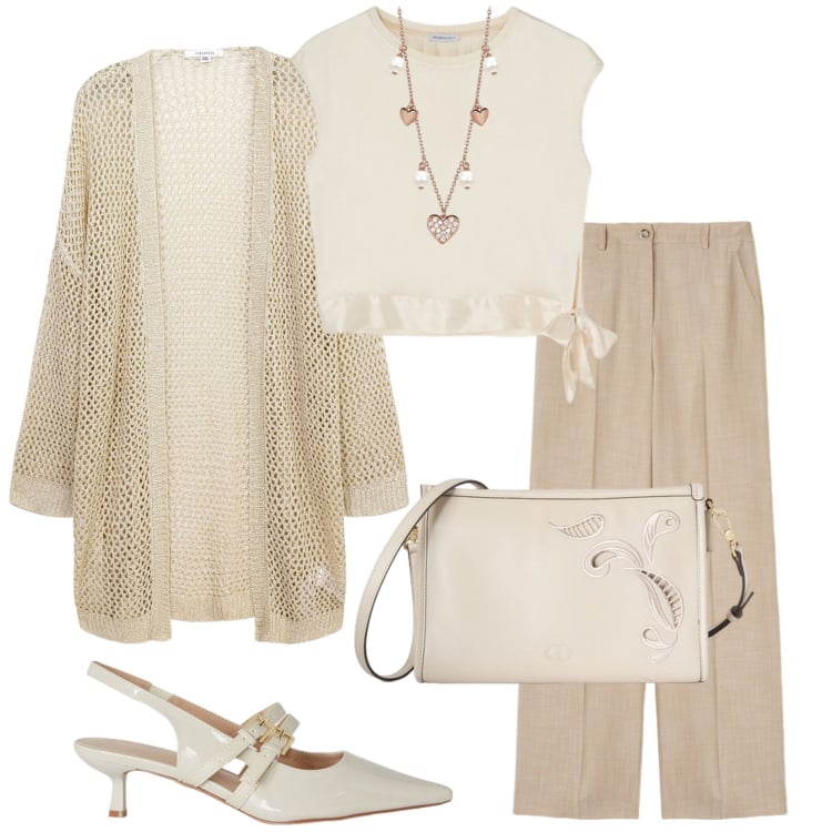 Outfit donna - Comunione a maggio. Stile Casual chic per Cerimonia. Abbinamento con collane, kimono, bluse, pantaloni a palazzo, décolleté, borse a tracolla.