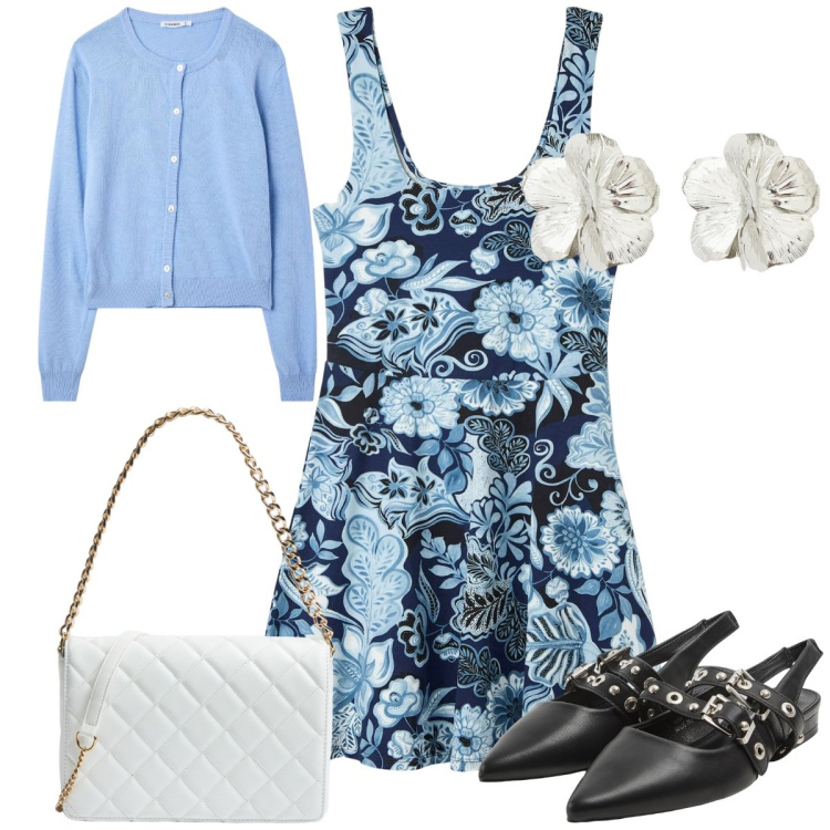 Outfit donna - Fiori di maggio: il vestito. Stile Trendy per Tutti i giorni. Abbinamento con cardigans, vestiti corti, borse a tracolla, sabot, orecchini.