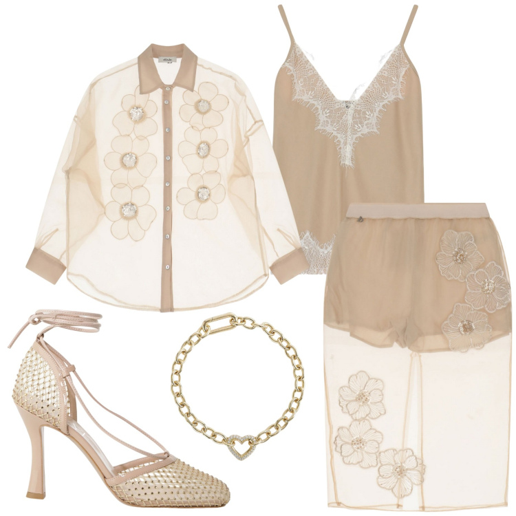 Outfit donna - Fiori di maggio. Stile Chic per Serata fuori. Abbinamento con braccialetti, gonne, décolleté, camicie, top.