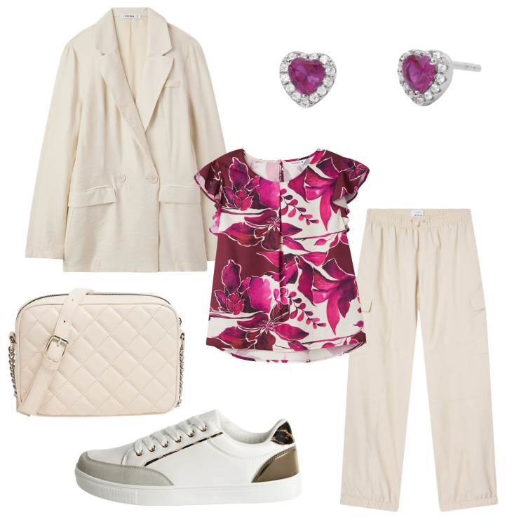 Outfit donna - Un completo fresco e comodo. Stile Casual chic per Tutti i giorni. Abbinamento con bluse, pantaloni cargo, blazer, sneakers, borse a tracolla, orecchini.