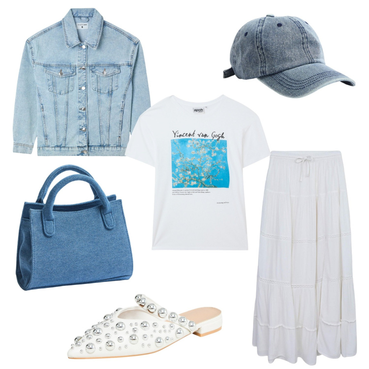 Outfit donna - Dettagli casual chic. Stile Casual chic per Tutti i giorni. Abbinamento con t-shirt, ballerine, gonne lunghe, cappotti, cappelli, borse a tracolla.
