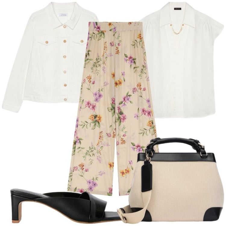 Outfit donna - Fiori di maggio : i pantaloni. Stile Trendy per Tutti i giorni. Abbinamento con pantaloni, bluse, borse a mano, blazer, sabot.