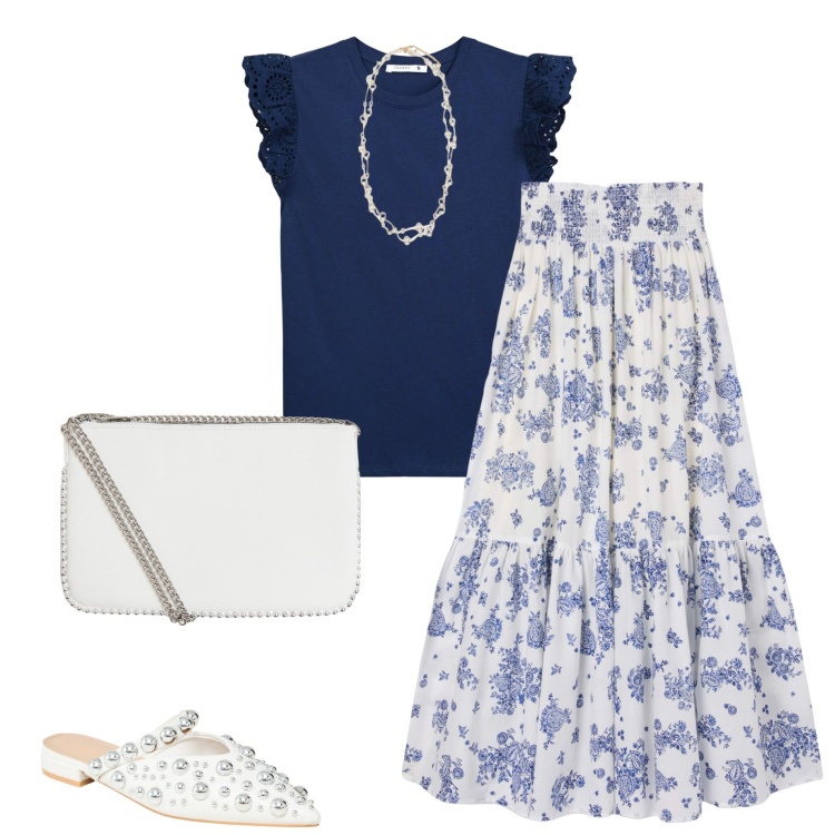 Outfit donna - Fiori di maggio. Stile Boho per Tutti i giorni. Abbinamento con ballerine, gonne lunghe, t-shirt, borse a tracolla, collane.