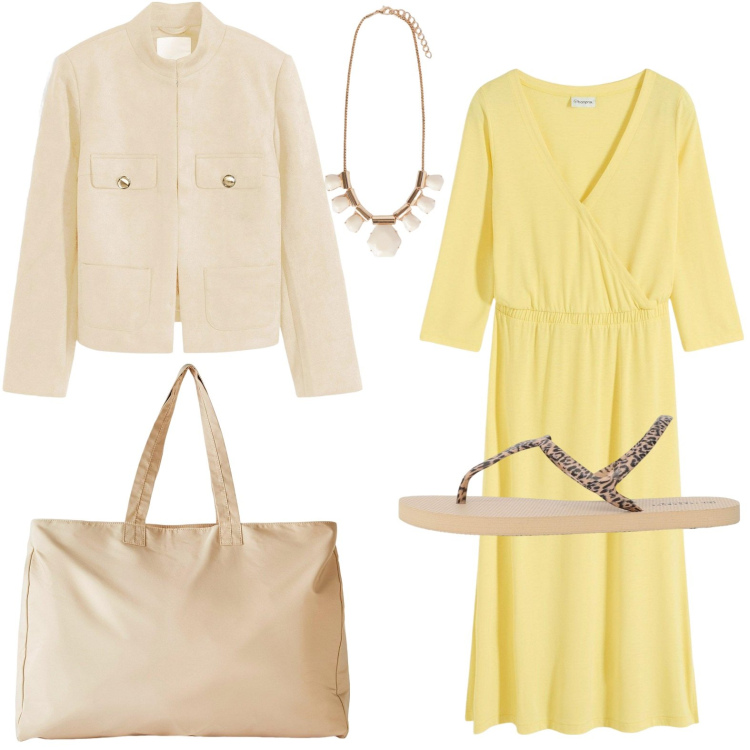 Outfit donna - Il giallo che incanta. Stile Minimal per Tutti i giorni. Abbinamento con shopping bag, vestiti, blazer, ciabatte, collane.