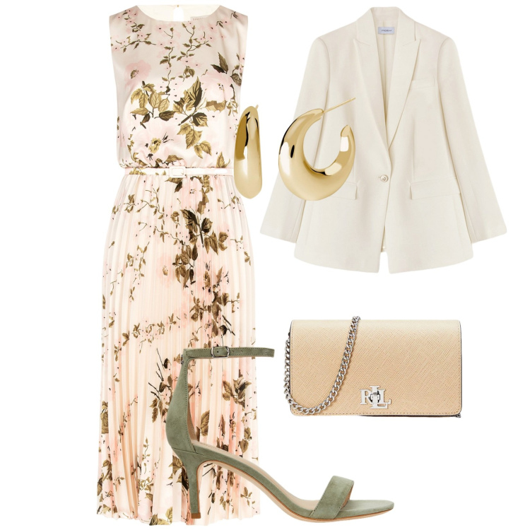 Outfit donna - Total look #2122116. Stile Chic per Cerimonia. Abbinamento con orecchini, vestiti midi/longuette, borse a tracolla, sandali in pelle, blazer.
