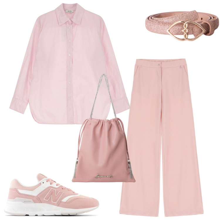 Outfit donna - Tonalità di rosa. Stile Casual chic per Serata fuori. Abbinamento con sneakers, borse a secchiello, pantaloni, camicie, cinture.