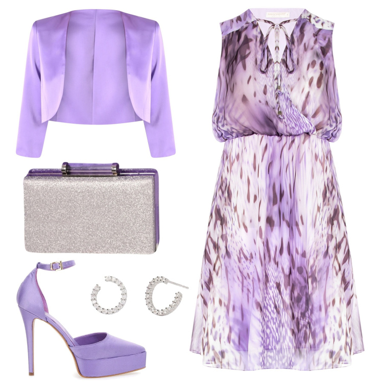Outfit donna - Invito al matrimonio. Stile Chic per Cerimonia. Abbinamento con orecchini, vestiti senza maniche, bolero, pochette, décolleté.