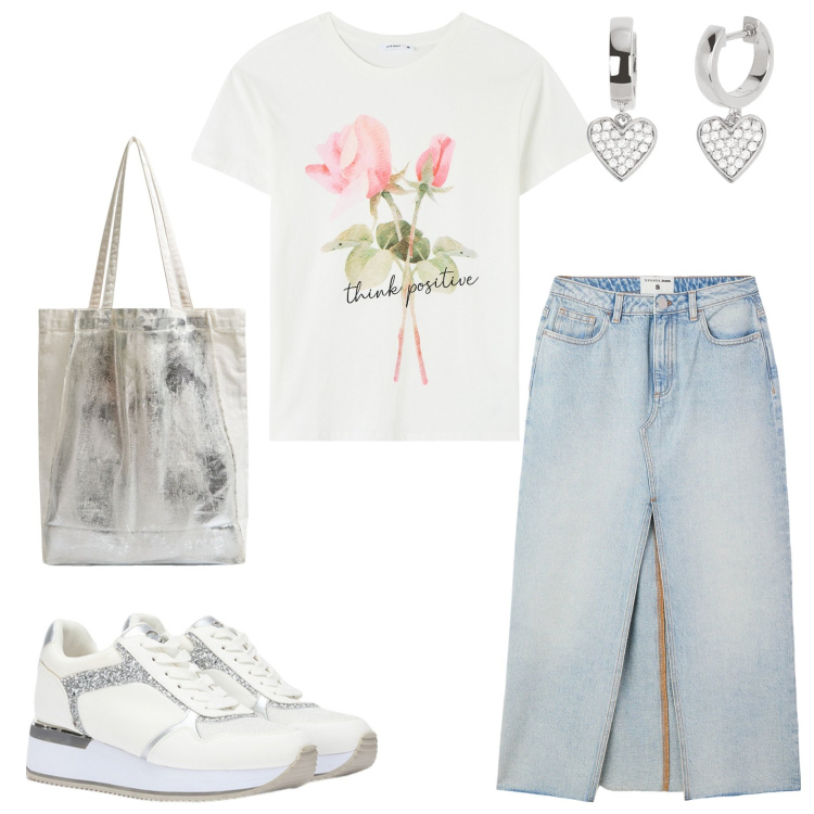 Outfit donna - Una t-shirt per amica. Stile Casual per Tutti i giorni. Abbinamento con orecchini, gonne lunghe, shopping bag, t-shirt, sneakers.
