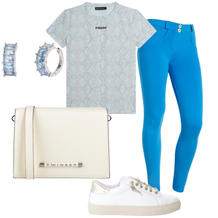 Outfit donna - Cornetto e cappuccino del sabato. Stile Casual chic per Tutti i giorni. Abbinamento con borse a tracolla, orecchini, sneakers, pantaloni skinny, t-shirt.