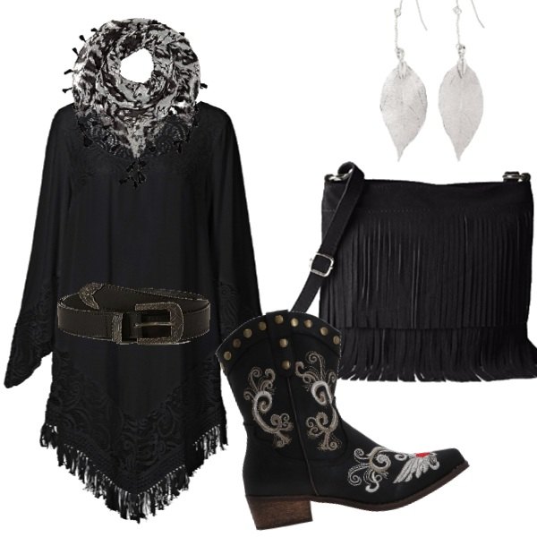 Outfit donna - Total black cowgirl. per Tutti i giorni. Abbinamento con vestiti da spiaggia, orecchini, stivaletti fantasia multicolore con ricamo e tacco squadrato interno foderato con punta tonda in pelle sintetica, borsa a tracolla nero, scialle taglia unica nero, cintura nero.
