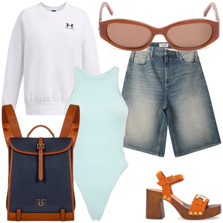 Outfit donna - Felpa e bermuda per mare maggio. Stile Trendy per Mare. Abbinamento con bermuda, zaini, zoccoli, felpe, occhiali da sole, costumi interi.