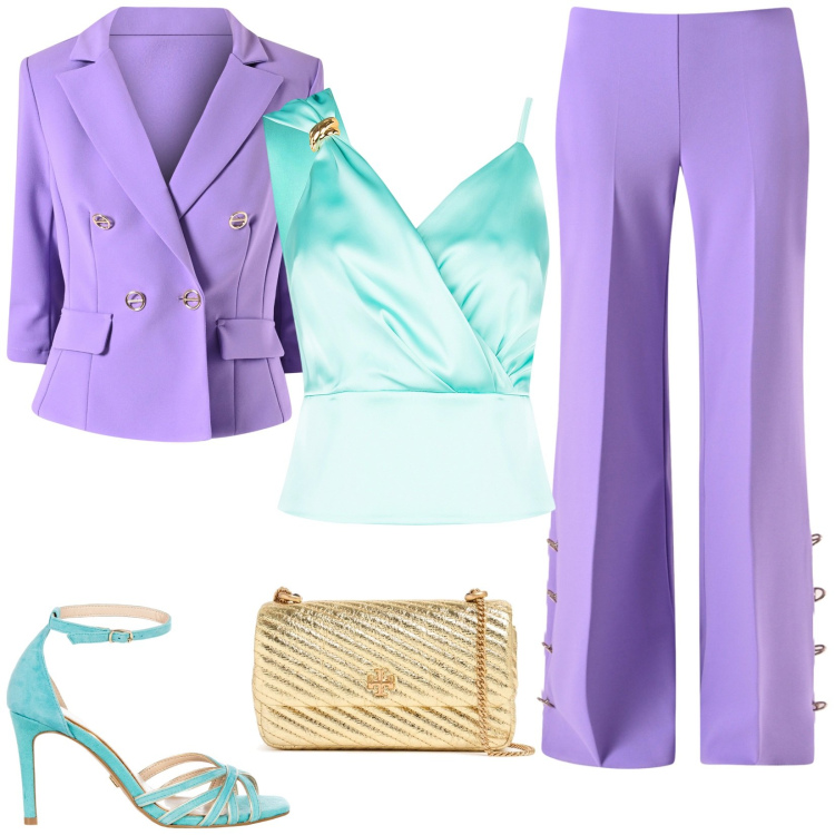 Outfit donna - Cerimonia in glicine. Stile Glamour per Cerimonia. Abbinamento con pantaloni a palazzo, sandali col tacco, top, blazer, borse a spalla.