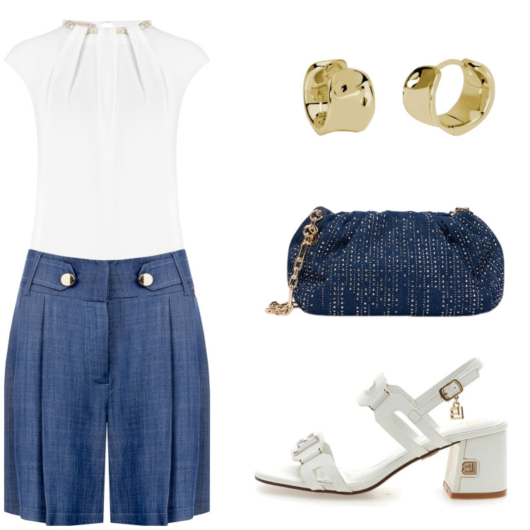 Outfit donna - Bermuda eleganti. Stile Casual chic per Tutti i giorni. Abbinamento con orecchini, bermuda, bluse, sandali col tacco, clutch.
