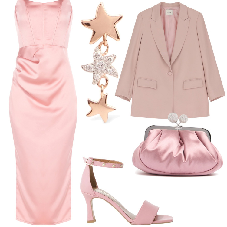 Outfit donna - Maggio mese di nozze. Stile Romantica per Cerimonia. Abbinamento con sandali col tacco, blazer, vestiti midi/longuette, orecchini, pochette.