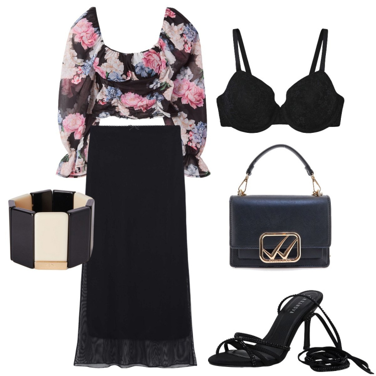 Outfit donna - La blusa romantica. Stile Romantica per Serata fuori. Abbinamento con gonne lunghe, reggiseni, bluse, sandali alla schiava, borse a tracolla, braccialetti.
