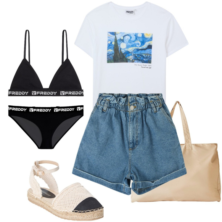 Outfit donna - L’intimo coordinato. Stile Basic per Tutti i giorni. Abbinamento con shopping bag, shorts, espadrillas, t-shirt, reggiseni, culotte.