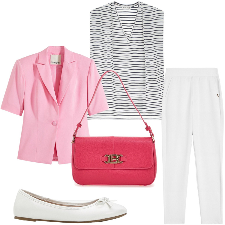 Outfit donna - All day long. Stile Casual chic per Tutti i giorni. Abbinamento con ballerine, blazer, pantaloni, top, borse a spalla.