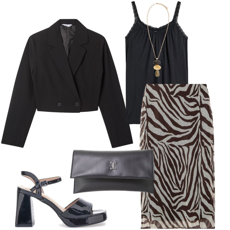 Outfit donna - La gonna zebrata. Stile Sexy per Serata fuori. Abbinamento con top, gonne lunghe, blazer, pochette, sandali col tacco, collane.