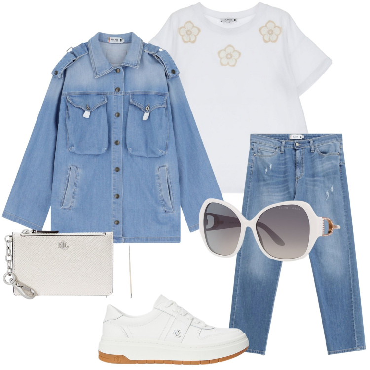 Outfit donna - Occhiali da sole. Stile Casual chic per Tutti i giorni. Abbinamento con t-shirt, blazer, jeans strappati, sneakers, occhiali da sole, portafogli.