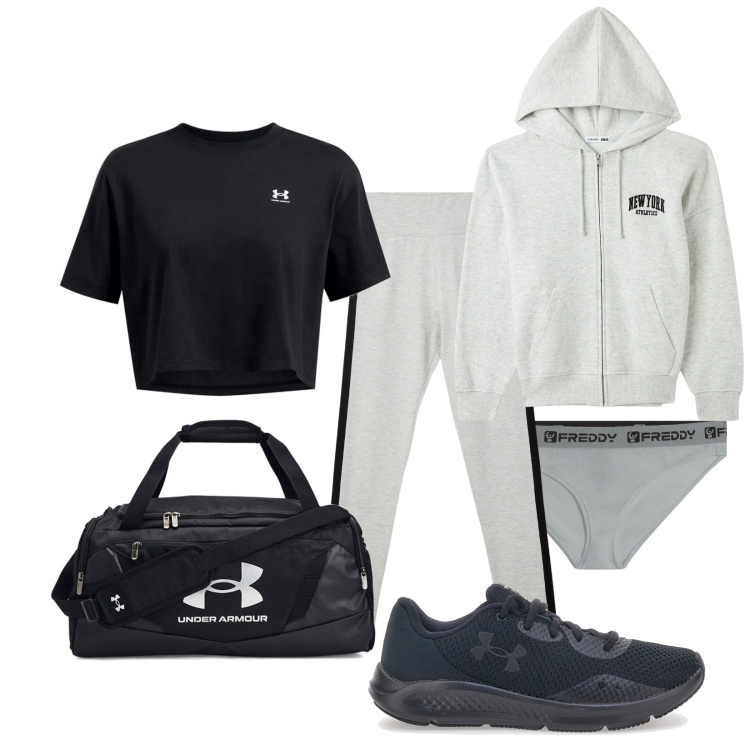 Outfit donna - Ricomincio. Stile Casual per Sport. Abbinamento con leggings sportivo, felpe con cappuccio, culotte, t-shirt, borse sportive, scarpe sportive.