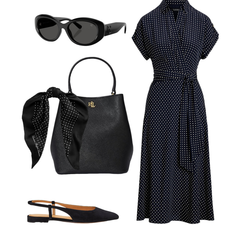 Outfit donna - Gli occhiali da sole. Stile Chic per Ufficio. Abbinamento con foulard, borse a secchiello, occhiali da sole, ballerine, vestiti.