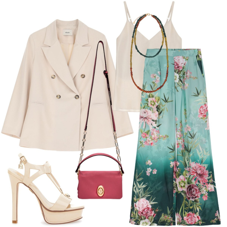 Outfit donna - Cerimonia a maggio. Stile Bon Ton per Cerimonia. Abbinamento con blazer, pantaloni, top, sandali col tacco, borse a tracolla, ciondoli.