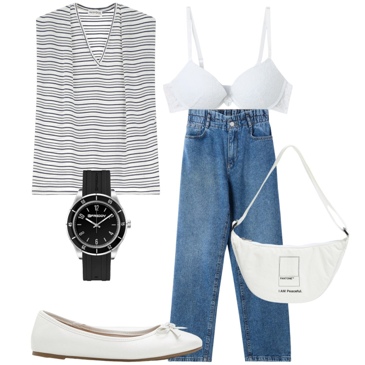 Outfit donna - Total look #2122171. Stile Casual per Tutti i giorni. Abbinamento con ballerine, marsupi, reggiseni push-up, jeans, orologi, top.