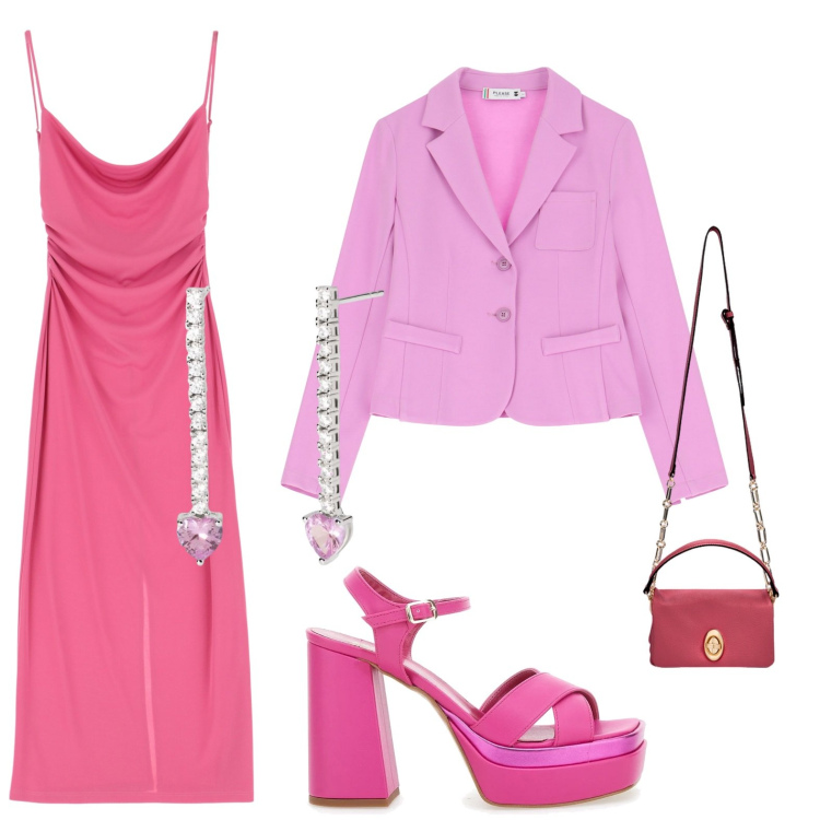 Outfit donna - Tinte pastello: delicatezza primaverile. Stile Chic per Cerimonia. Abbinamento con orecchini, vestiti, blazer, sandali col tacco, borse a tracolla.