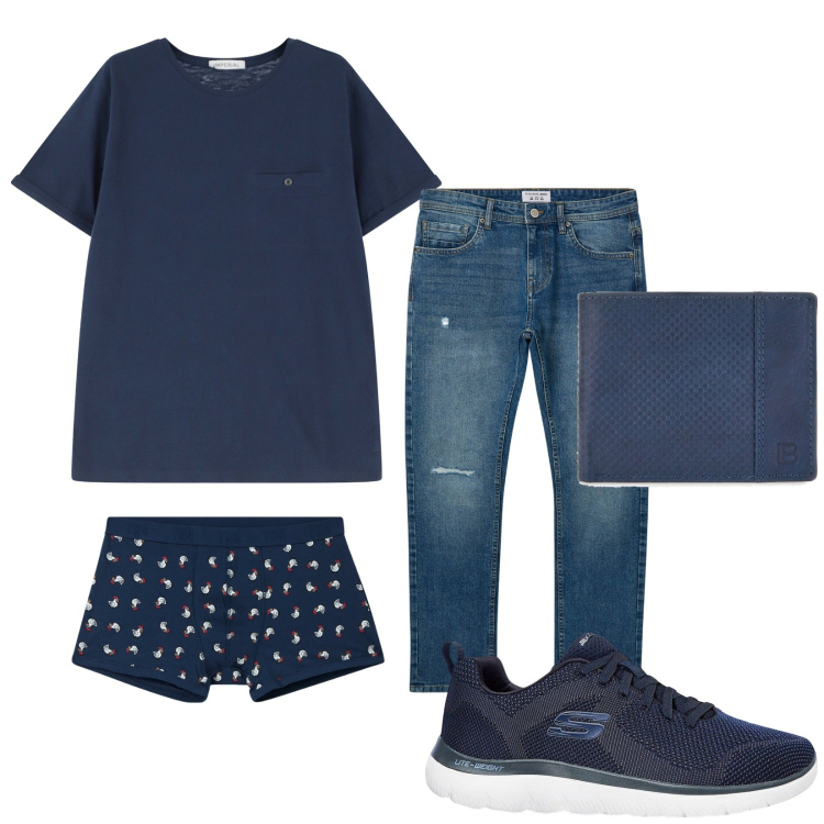 Outfit uomo - Blu. Stile Casual per Tutti i giorni. Abbinamento con sneakers, boxer, jeans strappati, t-shirt, portafogli.