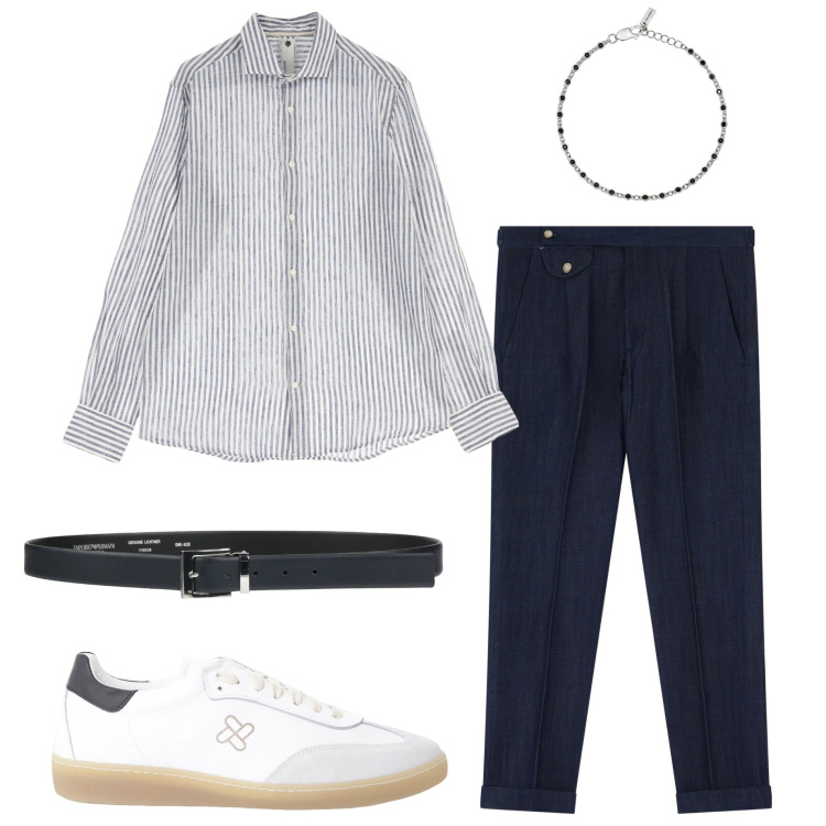 Outfit uomo - Righe sottili. Stile Casual per Serata speciale. Abbinamento con cinture, braccialetti, camicie, sneakers, jeans.