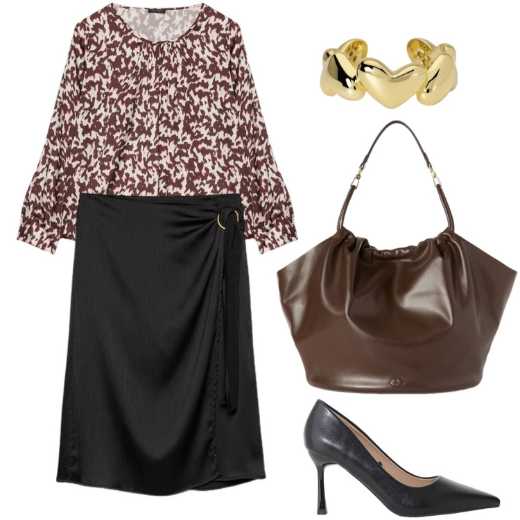 Outfit donna - La blusa animalier. Stile Bon Ton per Serata fuori. Abbinamento con anelli, décolleté, bluse, gonne longuette, borse a secchiello.
