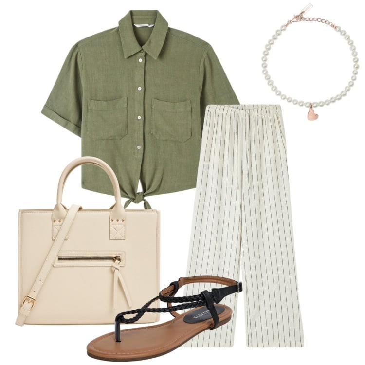 Outfit donna - Terranova nuova stagione. Stile Casual per Tutti i giorni. Abbinamento con pantaloni, camicie a manica corta, ciabatte, shopping bag, braccialetti.