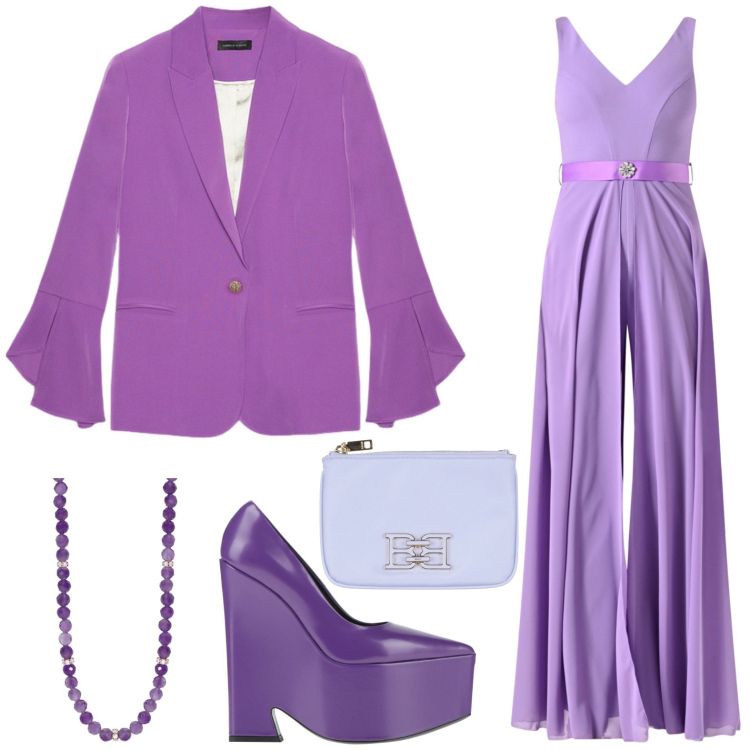 Outfit donna - Tinte pastello: delicatezza primaverile. Stile Chic per Cerimonia. Abbinamento con décolleté, portafogli, collane, tute, blazer.