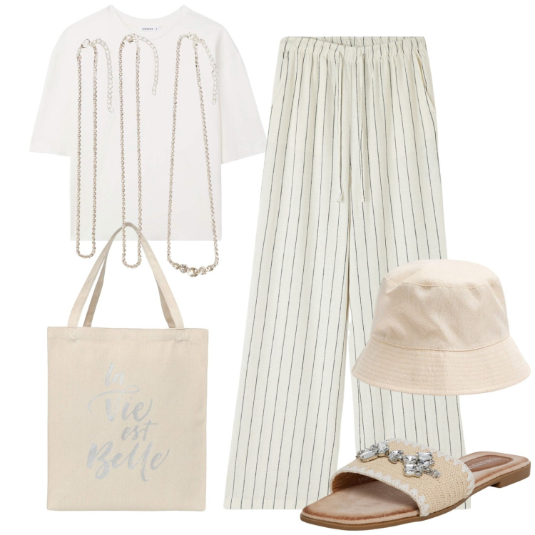 Outfit donna - Verso l\'estate. Stile Trendy per Tutti i giorni. Abbinamento con pantaloni, ciabatte, borse tote, t-shirt, collane, cappelli.
