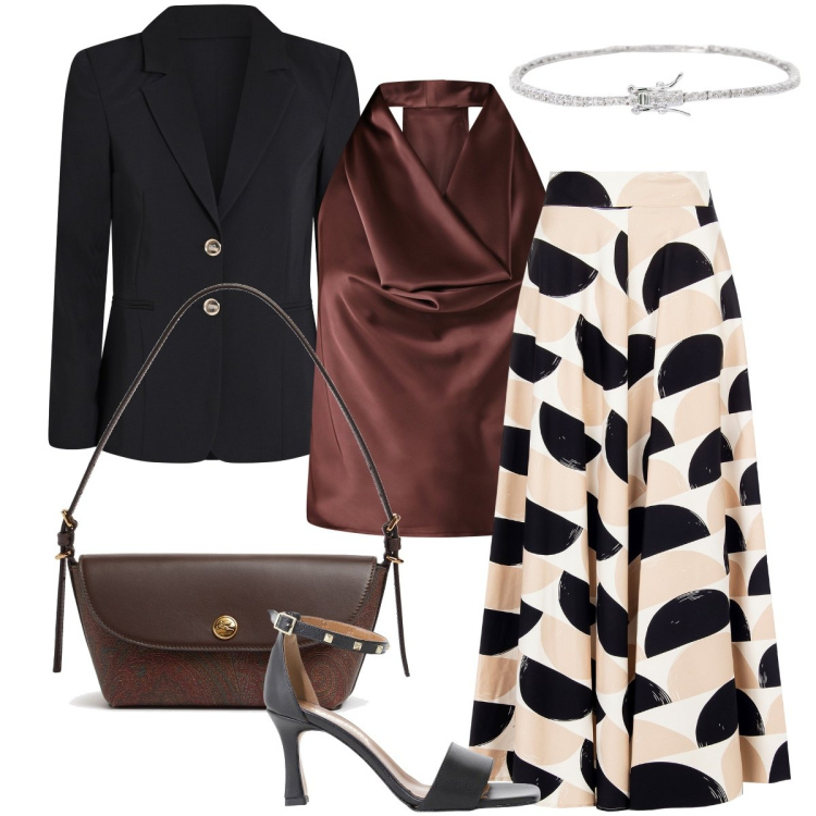 Outfit donna - Anniversario di matrimonio. Stile Chic per Cerimonia. Abbinamento con braccialetti, blazer, gonne longuette, top, sandali col tacco, borse a spalla.