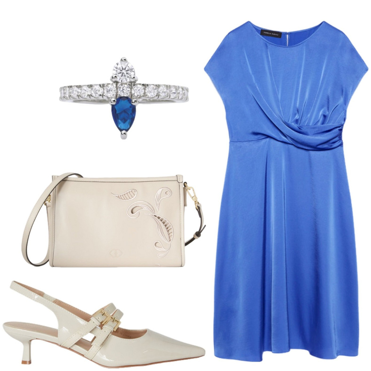 Outfit donna - La Comunione a maggio. Stile Glamour per Cerimonia. Abbinamento con anelli, vestiti midi/longuette, décolleté, borse a tracolla.