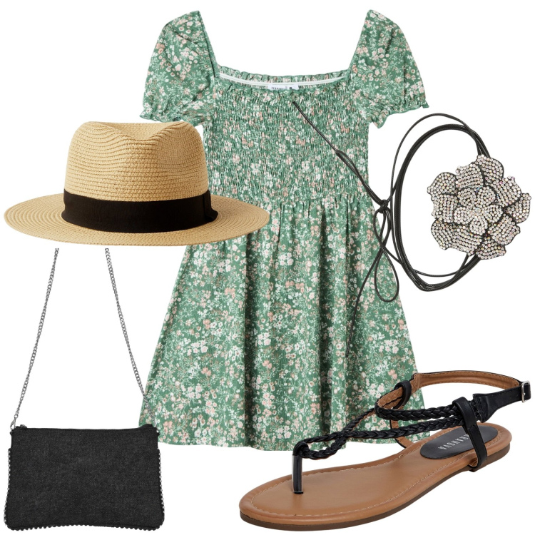 Outfit donna - Fiori di maggio. Stile Romantica per Tutti i giorni. Abbinamento con ciabatte, borse a tracolla, vestiti corti, collane, cappelli.