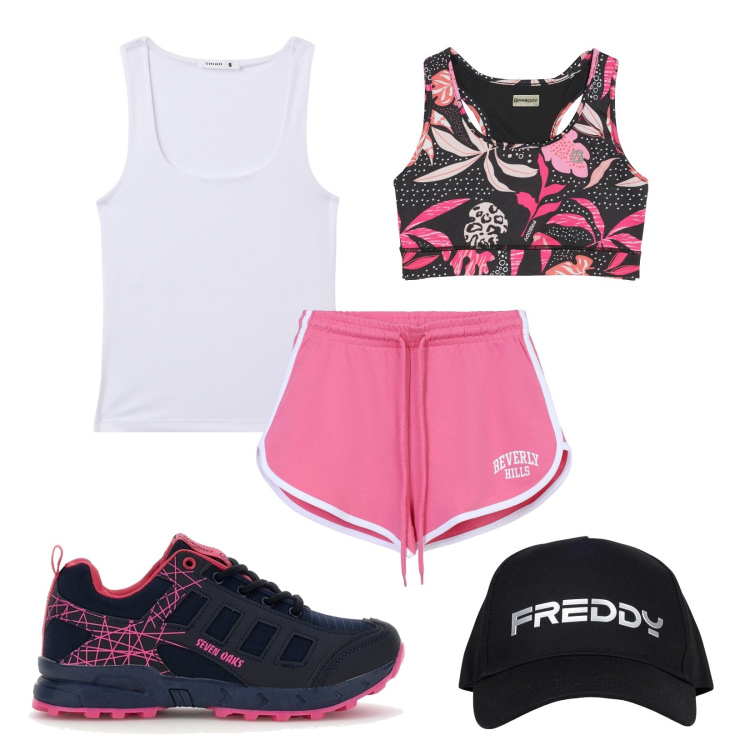 Outfit donna - Pink Jogging. Stile Sporty chic per Sport. Abbinamento con pantaloncini sportivi, shorts, top sportivi, cappelli, reggiseni, scarpe sportive.