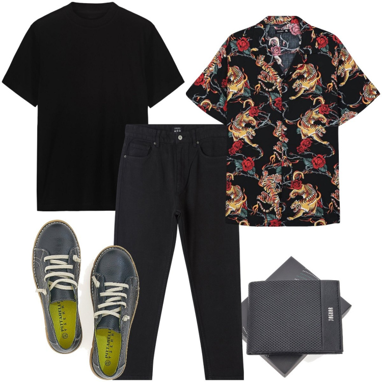 Outfit uomo - Decori sulla camicia. Stile Trendy per Serata speciale. Abbinamento con pantaloni, camicie a manica corta, t-shirt, sneakers, portafogli.
