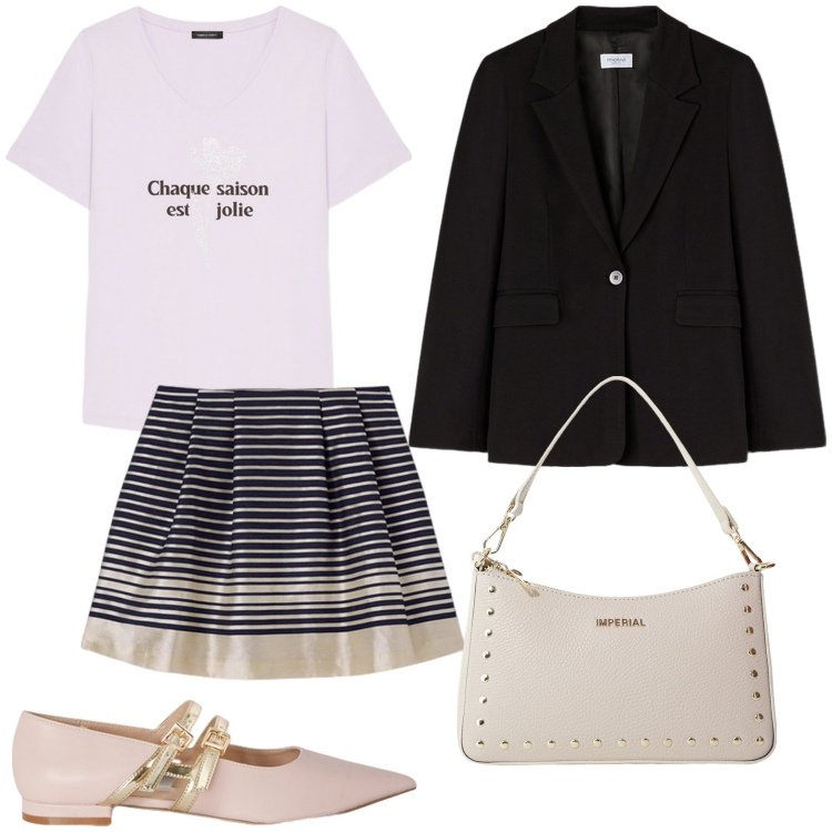 Outfit donna - Una t-shirt per amica. Stile Minimal per Tutti i giorni. Abbinamento con borse a spalla, t-shirt, ballerine, minigonne, blazer.