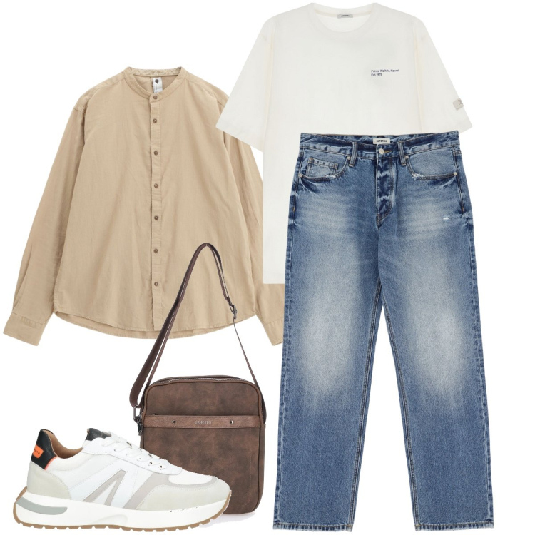Outfit uomo - Il camicione beige. Stile Urban per Ufficio. Abbinamento con sneakers, jeans, t-shirt, camicie, portafogli.