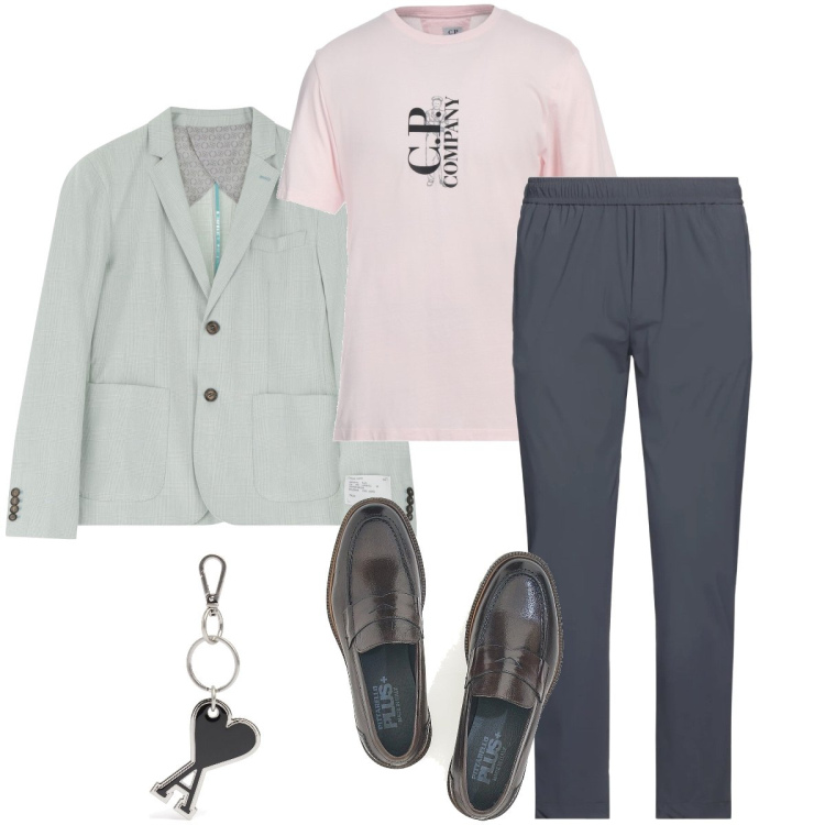 Outfit uomo - Con la t-shirt. Stile Business/Elegante per Cerimonia. Abbinamento con pantaloni, t-shirt, giacche, scarpe stringate, portachiavi.