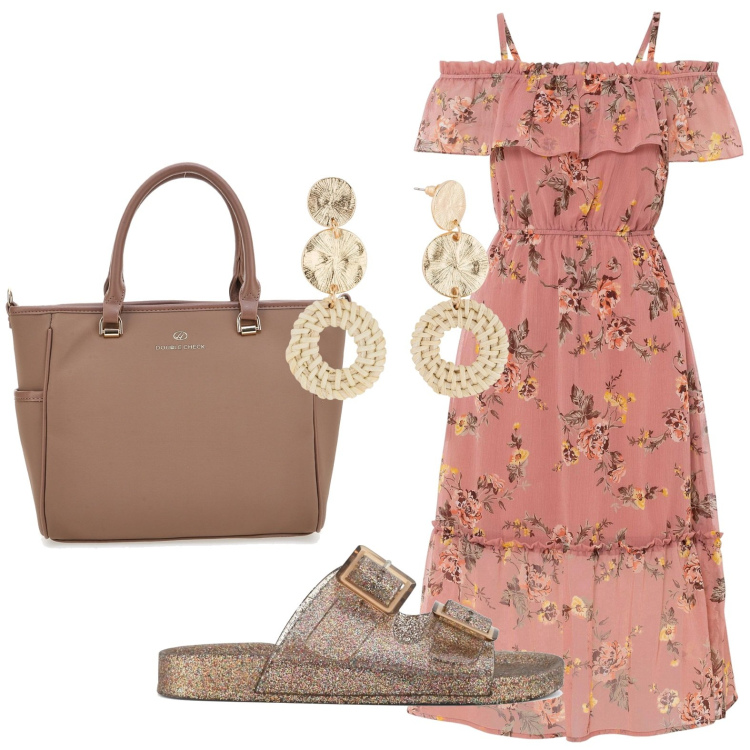 Outfit donna - Fiori a maggio. Stile Glamour per Tutti i giorni. Abbinamento con vestiti, orecchini, borse a tracolla, sandali.