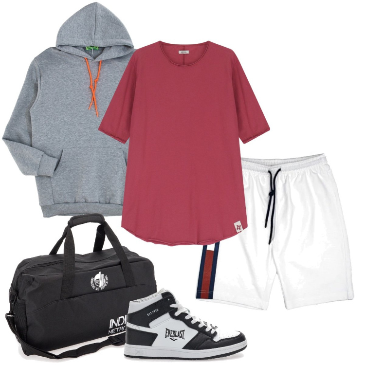 Outfit uomo - Allenamento di basket. Stile Trendy per Sport. Abbinamento con t-shirt, borse sportive, felpe con cappuccio, pantaloni corti, sneakers.