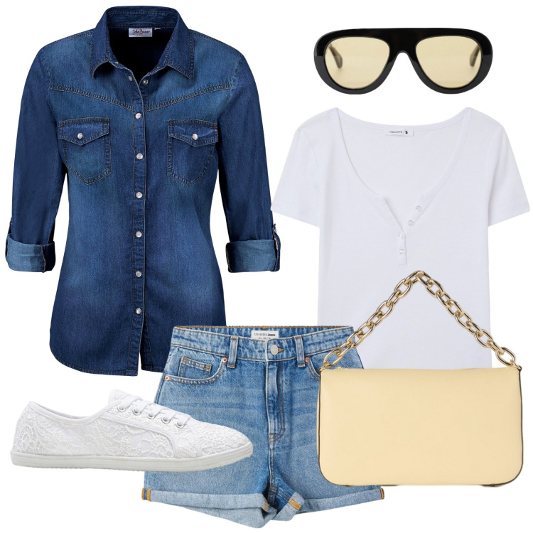 Outfit donna - E\' tempo di short. Stile Basic per Tutti i giorni. Abbinamento con camicie, sneakers, t-shirt, shorts, occhiali da sole, borse a tracolla.