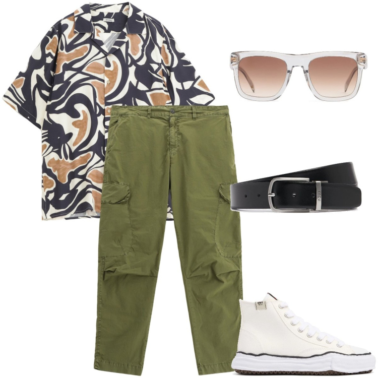 Outfit uomo - La camicia a fantasia. Stile Urban per Tutti i giorni. Abbinamento con camicie a manica corta, pantaloni cargo, occhiali da sole, sneakers alte, cinture.