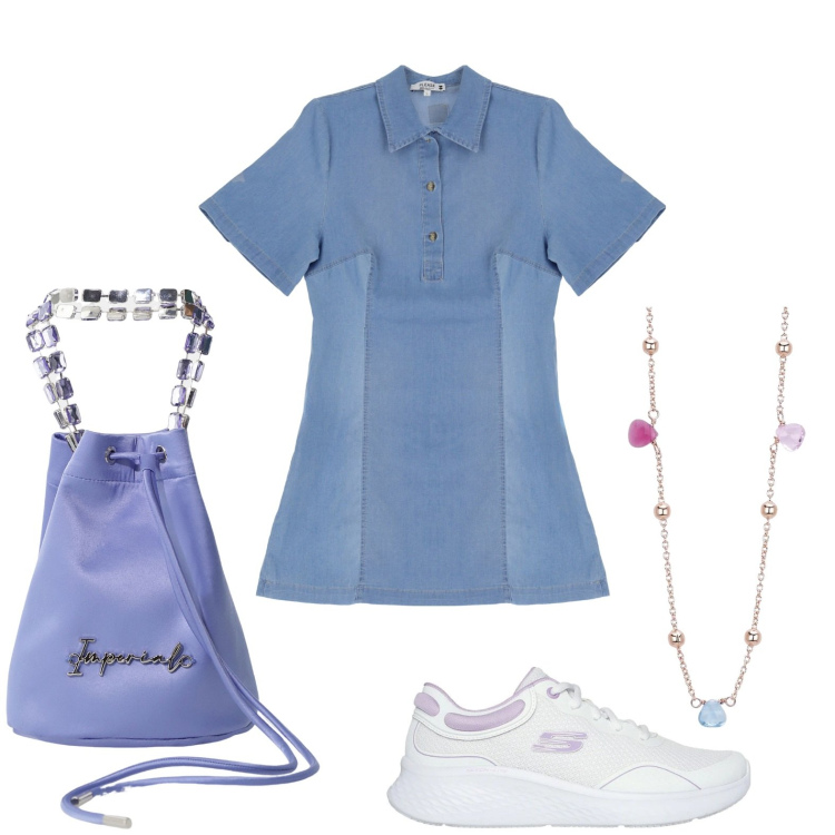 Outfit donna - Il vestito corto. Stile Casual per Tutti i giorni. Abbinamento con collane, vestiti corti, borse a secchiello, sneakers.